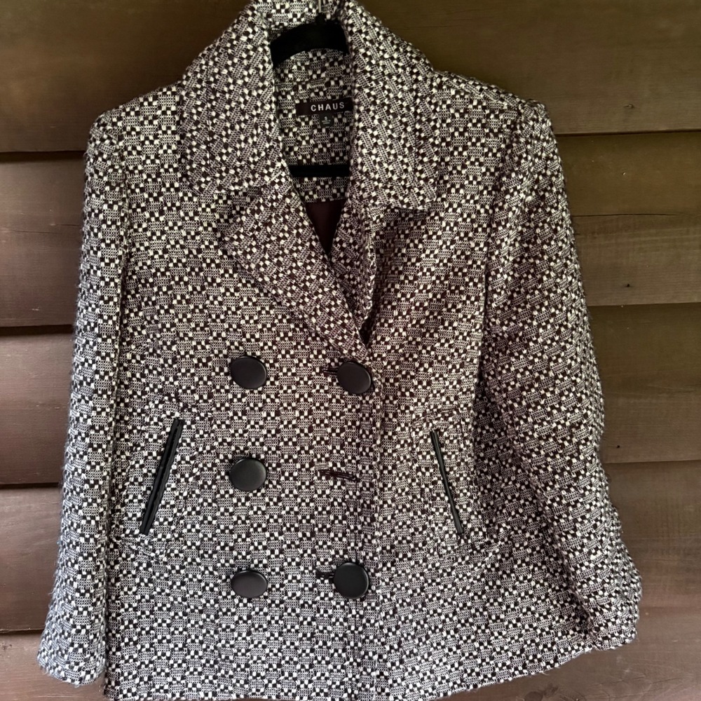 CHAUS Womens Black White Textured Wool Blend Double Breasted Pea Coat Size S